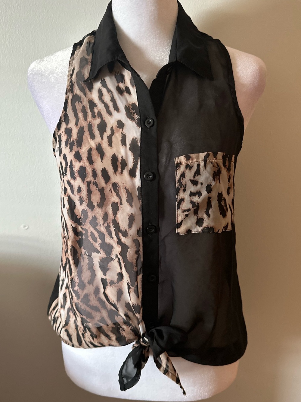 Leopard Essential Chic Tie-Front Sleeveless Half Sheer Blouse Top - Women’s